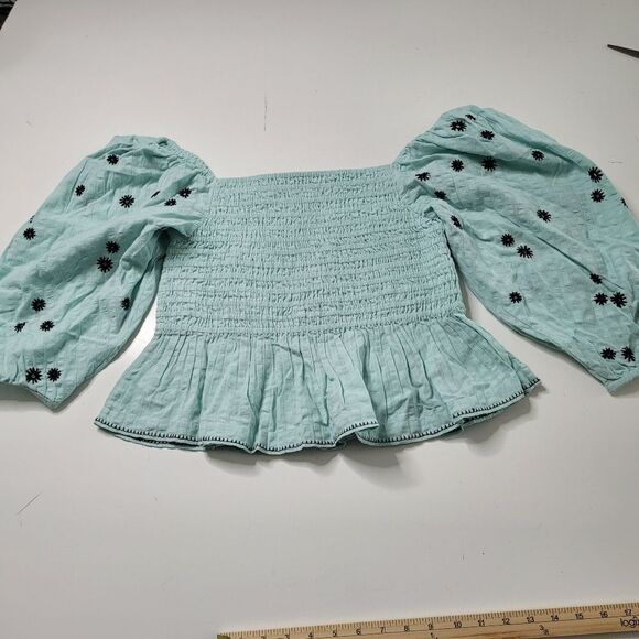 $245 TANYA TAYLOR smocked peasant puff green dot long sleeve top MEDIUM M NWT - Picture 7 of 13